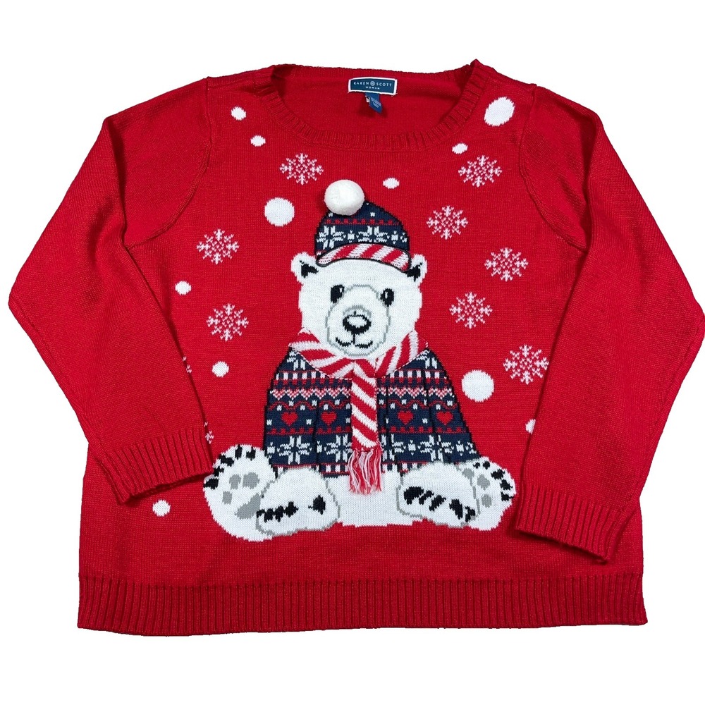 Karen Scott Sweater Women 2X Red Acrylic Knit Polar Bear Winter Snow Christmas